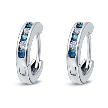 Eternity Huggie Hoop Earrings Channel Round Simulated Blue Topaz Cubic Zirconia 925 Sterling Silver